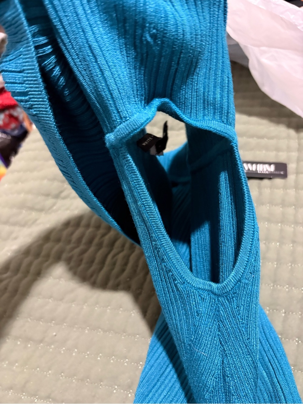 White House Black Market Bright Turquoise Ribbed Off-Shoulder Top - Picture 3 of 3